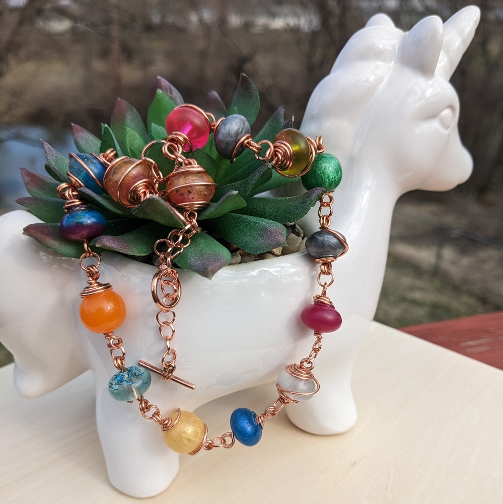 Rose Gold Rainbow Resin Beads Wire Wrapped Necklace Handmade Unique Cute